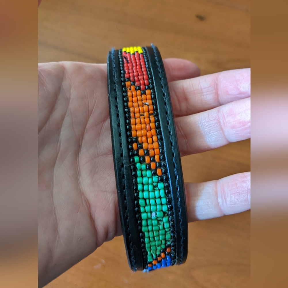 Colorful Beaded Black Leather Dog Collar.